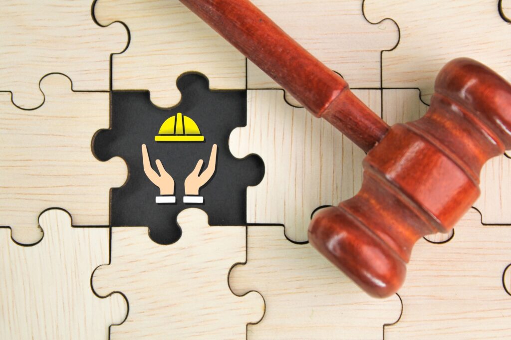 lawyer's hammer, wooden puzzle with laboratory icon.